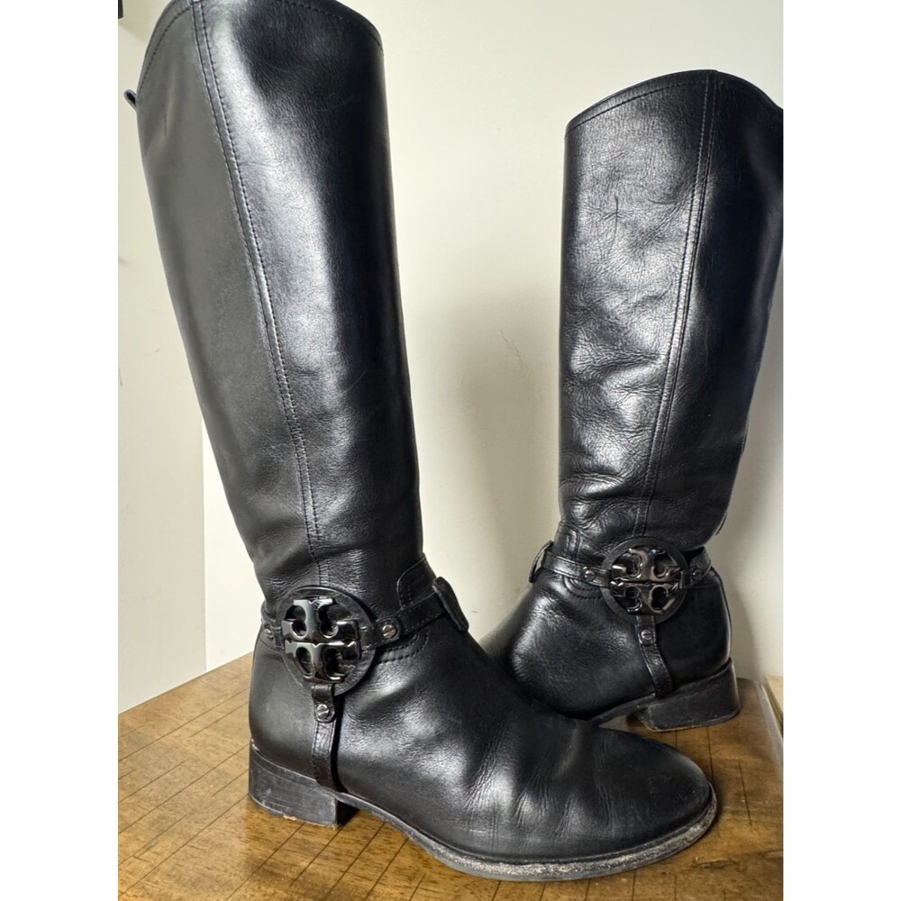 Tory Burch Black Leather Riding Boots Logo Harness Side Zip Womens 8.5 M